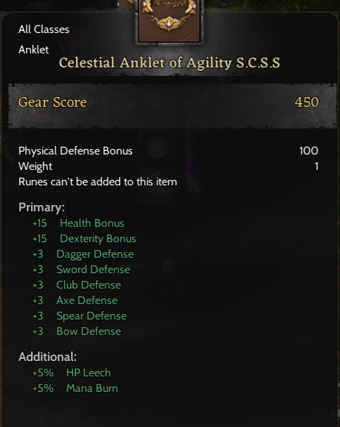 Celestial Anklet of Agility S.C.S.S