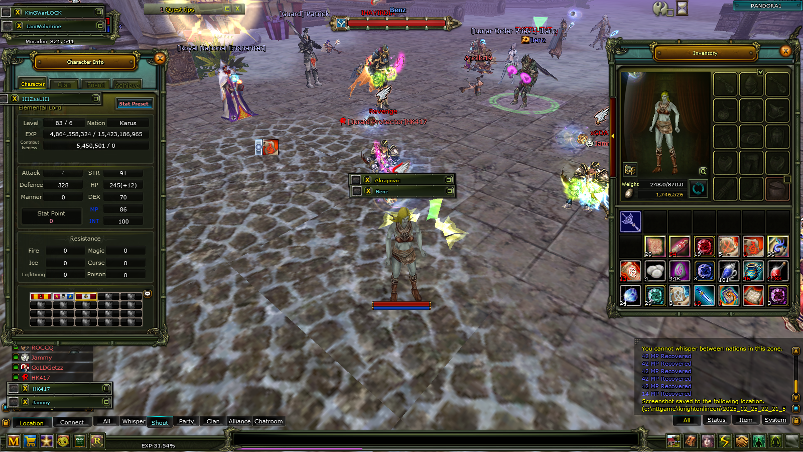 Pandora Karus Serverında 83/6 8 Quest Staflı 100 Def Acık Skil ve Statları Tp mage