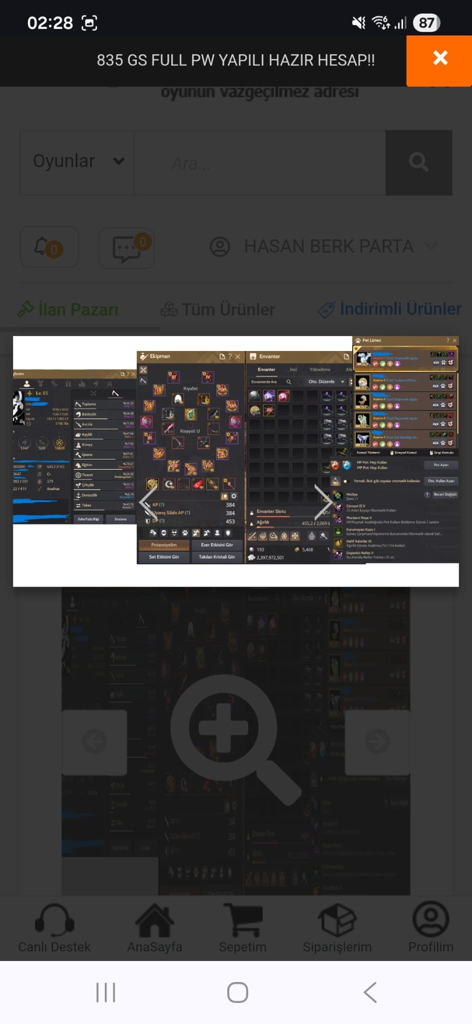 384 ap 453 dp 835 GS Dolu Hesap