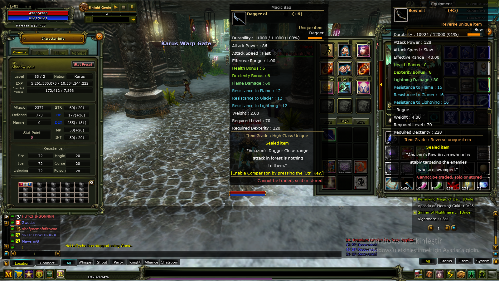 83/2 8 Quest Bow ve 6 Quest Fsli Okçu 90 Def , Yan charlar 80 Priest 7 Quest Kalkanlı