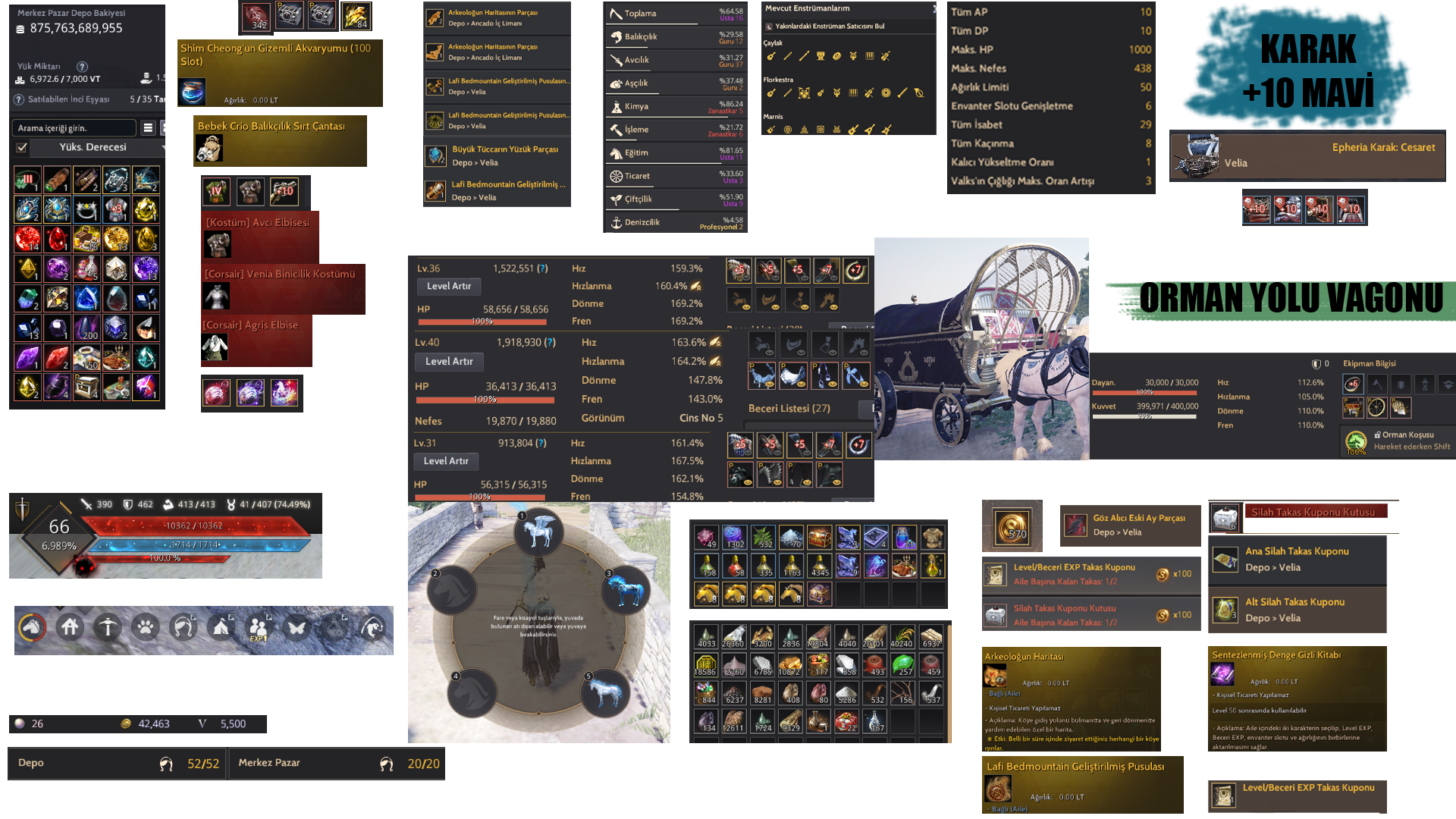 852 GS | Arkeolog / Pusula | 66/65/64 Lv Karakterler | 875T / Pet/Peri/Kahya Full / Karak FB 10 / Orman Yolu Vagonu