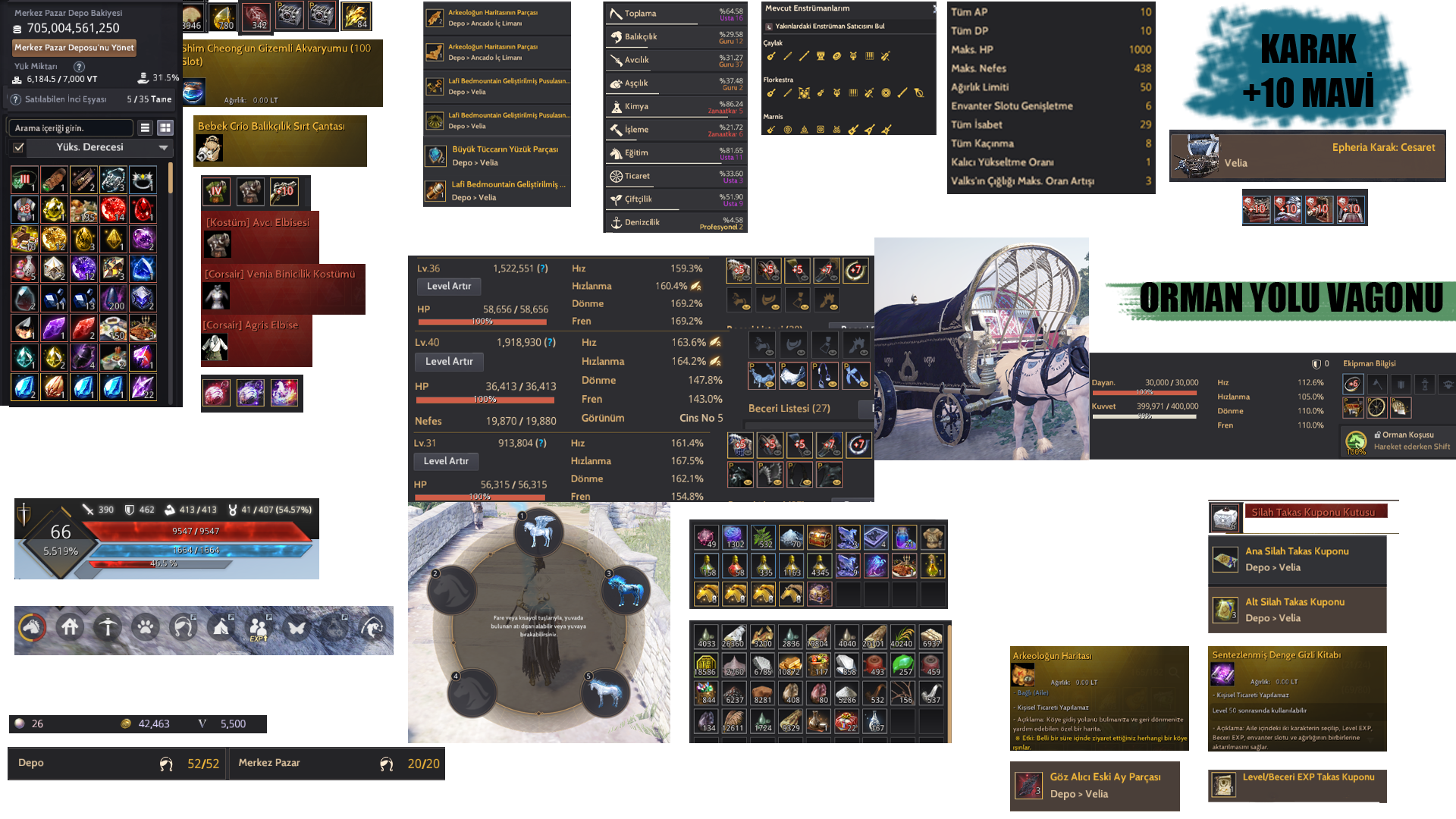 852 GS | 66/65/64 Lv Karakterler / 750T / Pet/Peri/Kahya Full / Karak 10 Full Mavi Set / Orman Yolu Vagonu / Arkeolog