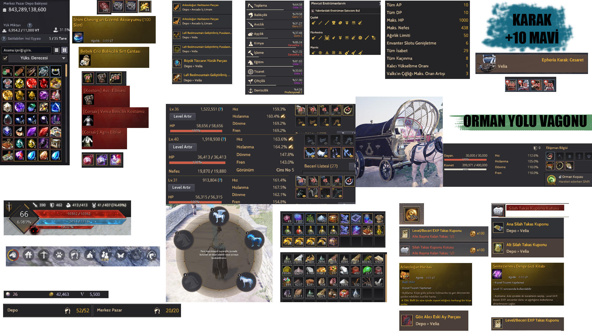 852 GS | 66/65/64 Lv Karakterler 860T / Pet/Peri/Kahya Full / Karak 10 Full Mavi Set / Orman Yolu Vagonu / Arkeolog