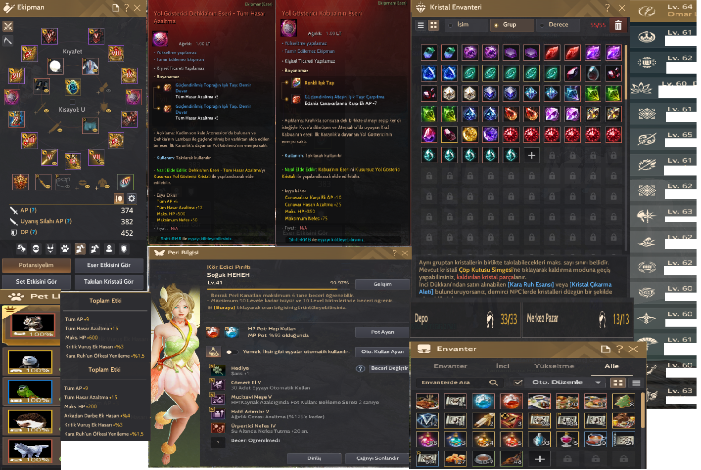 65 LEVL DOSA/SAGE/SERAP MAİNLİ 382 AP/452 834 GS UYANIŞ END GAME YAKIN HESAP