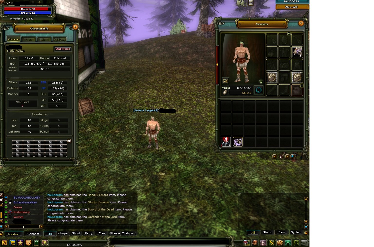 Pandora 81 lvl warior - 9 str acık- 40 def