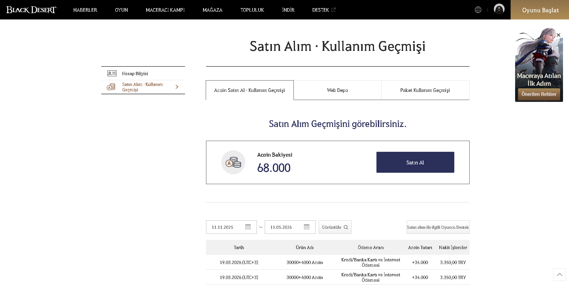 68000 Acoin kullanıma hazır şekilde hesapta durmaktadır