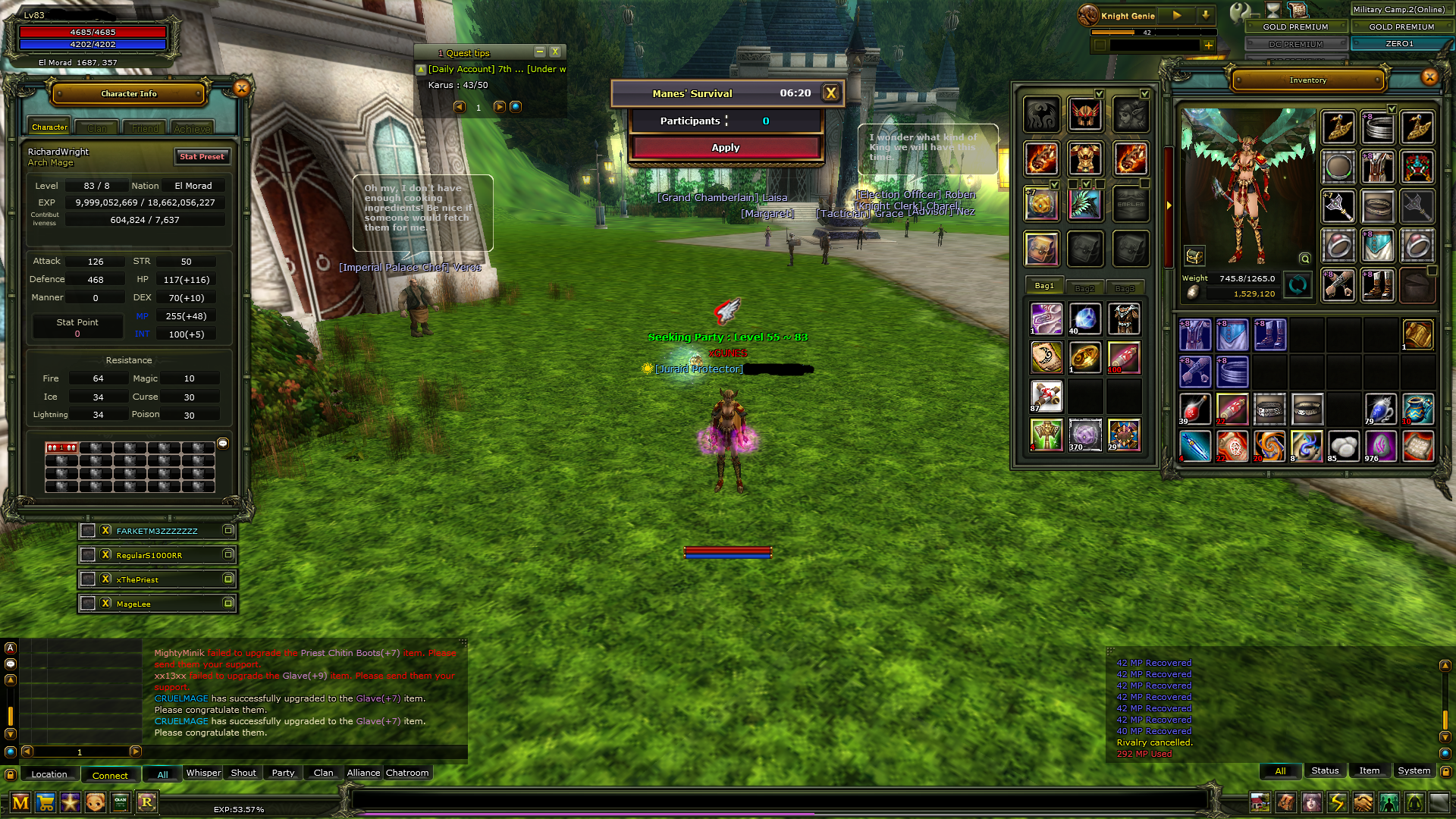 83/8 human mage 7 quest stafı ıle beraber linen 8 kıyafetlerı var hp/mp