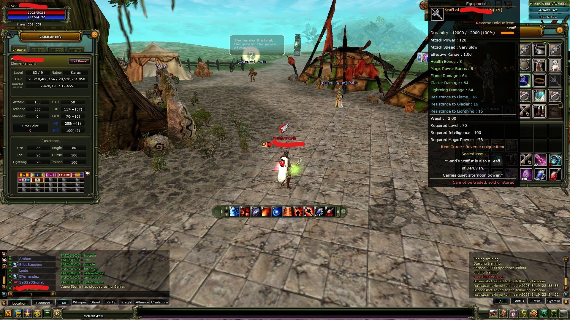 83/9 EXP % 99 MAGE 8 QUEST STAFF 7.5 m np full achieve 100 def 10 Mp uyguna!