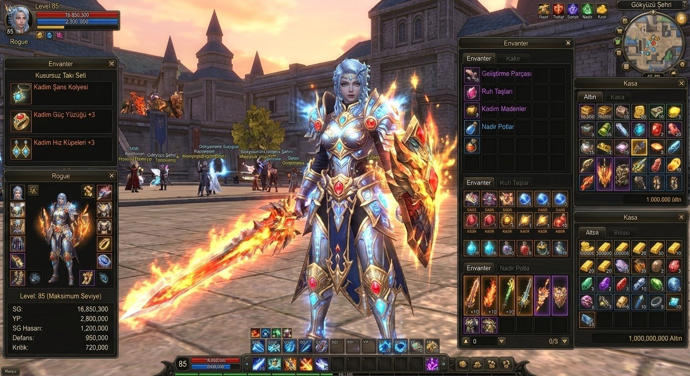 👑 RISE ONLINE - 200.000 TL DEĞERİNDE FULL FULL ZİRVE ROGUE HESABI 🔥 KARAKTER BİLGİLERİ & STATS: • Seviye & Sınıf: Level 85 Rogue (Maksimum Seviye) • Savaş Gücü (SG): 16.850.300 • Yaşam Puanı (YP): 2.800.000 • SG Hasar
