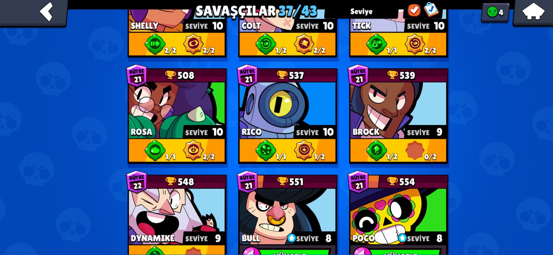 18.5 K KUPA 37 HERO BOL KOSTÜMLÜ 106 LVL BRAWL PASS AKTIF