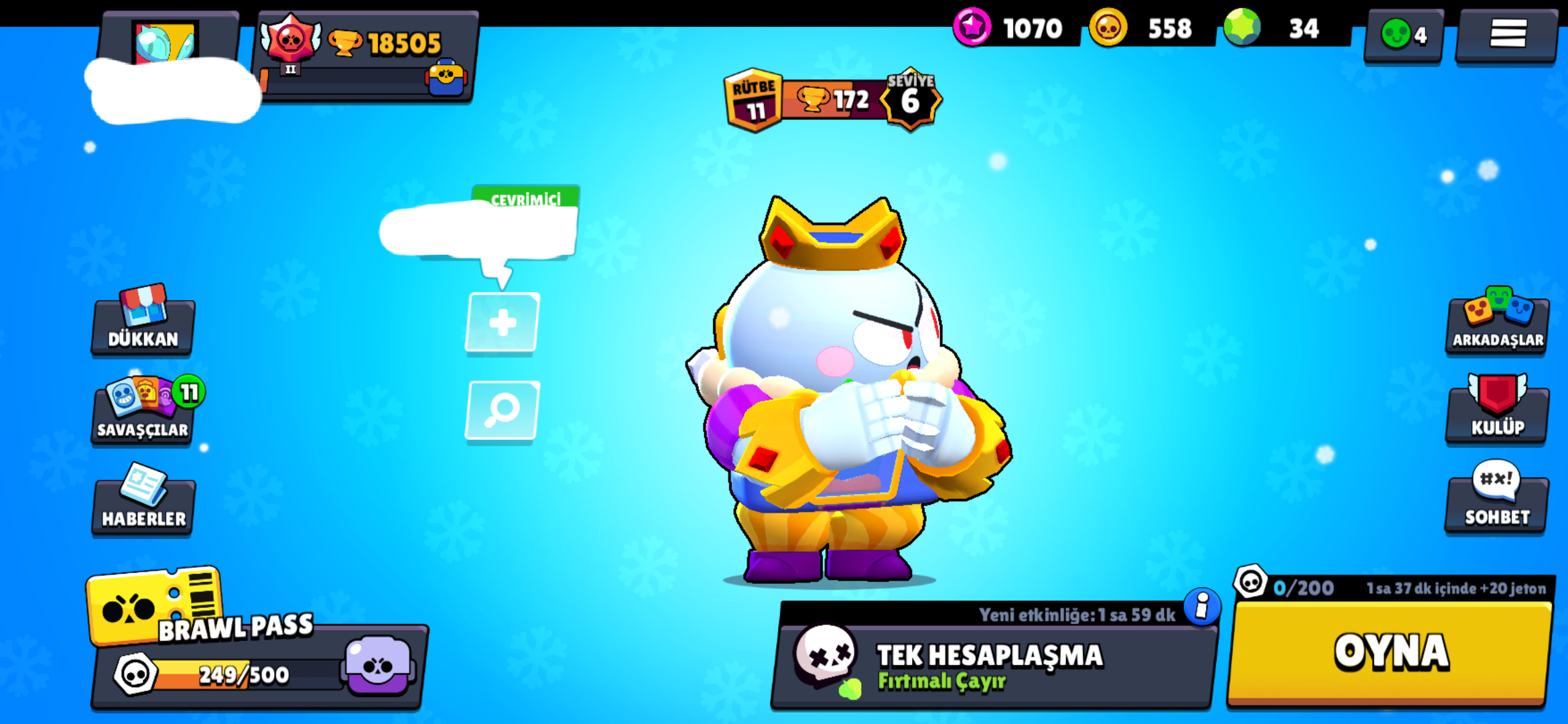 18.5 K KUPA 37 HERO BOL KOSTÜMLÜ 106 LVL BRAWL PASS AKTIF