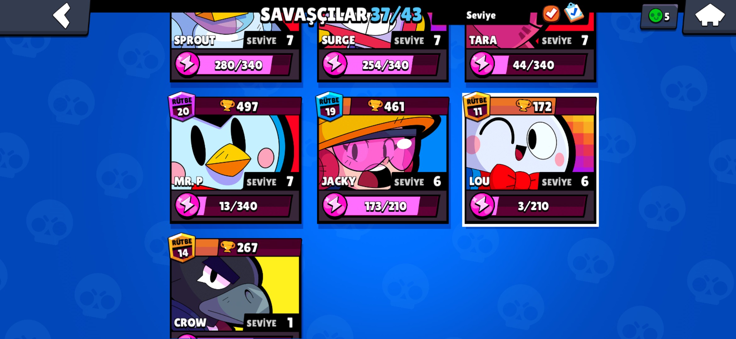 18.5 K KUPA 37 HERO BOL KOSTÜMLÜ 106 LVL BRAWL PASS AKTIF