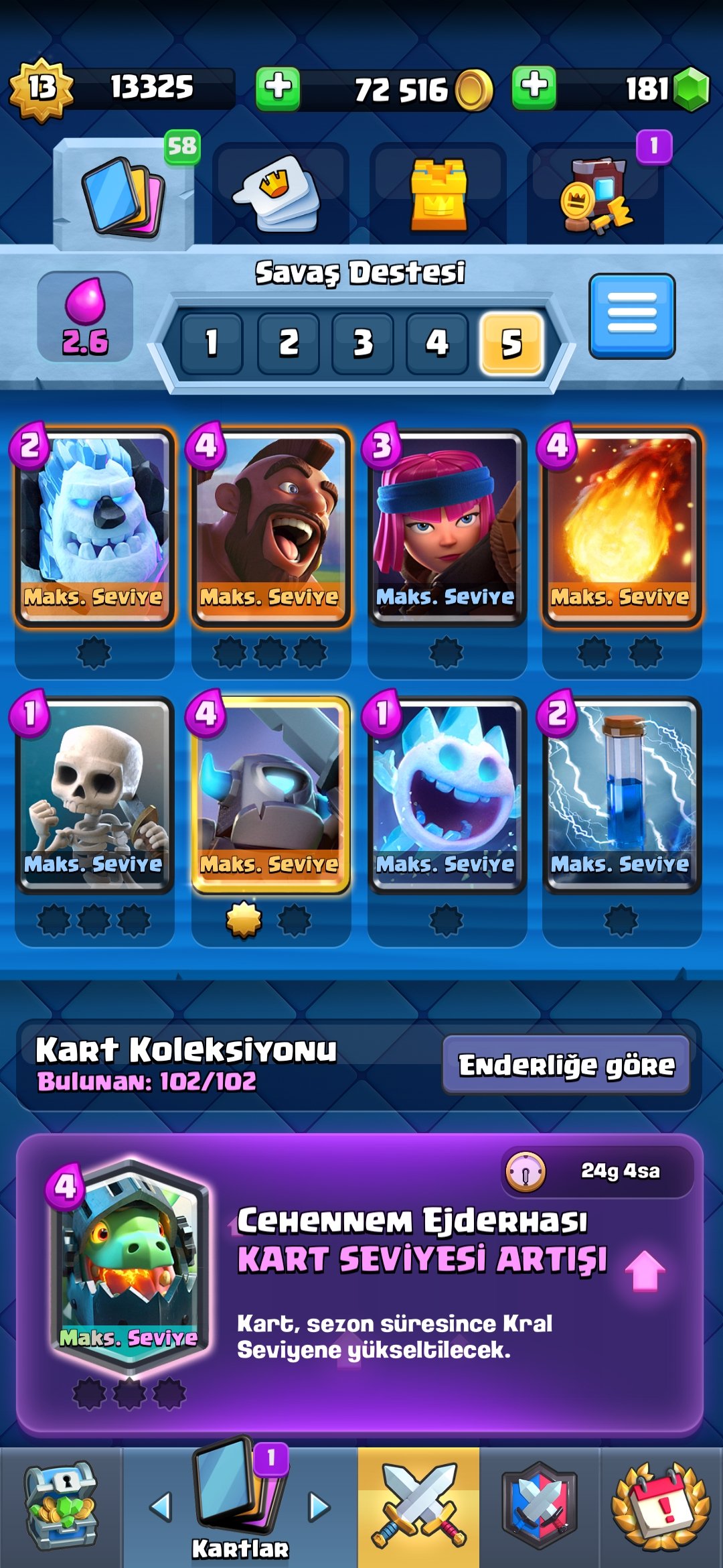 Max level sıralama yapmış max kartları olan clash royale hesabı